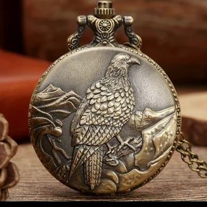 Vintage Bronze 3D Eagle Display Necklace Quartz Pocket Watch